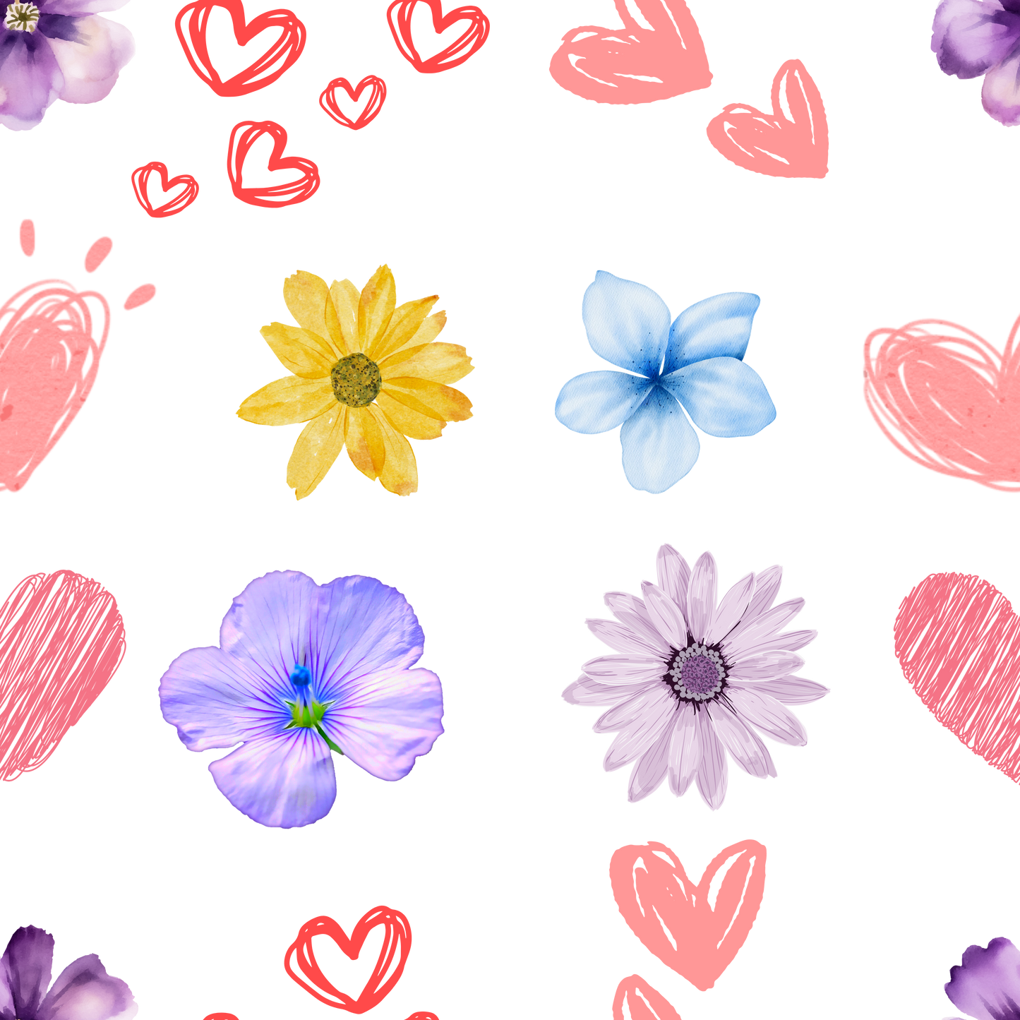 Mother’s Day Seamless Pattern – Watercolor Flowers & Pink Hearts PNG (Transparent Background, POD-Friendly)