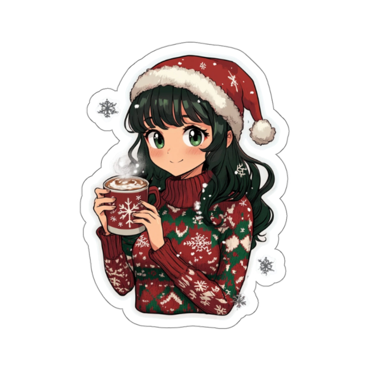 Charming Winter Holiday Kiss-Cut Stickers - Festive Girl with Hot Cocoa